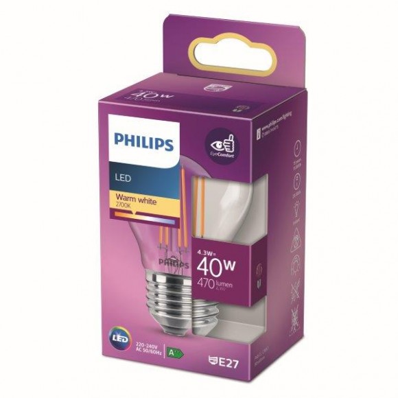 Philips 8718699763176 LED Lampe 1x4,3W | E27 | 470lm | 2700K - warmweiß, transparent, EyeComfort